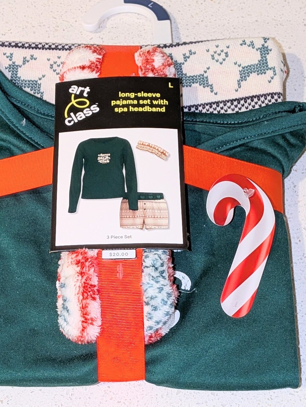 NWT,3pc, Green/Red/White, Long Sleeve Shirt, Shorts, Headband PJ Set-Big Girls L